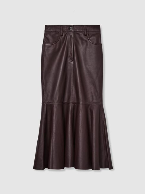 Atelier Leather Fluted Midi Skirt in Burgundy | Reiss US
