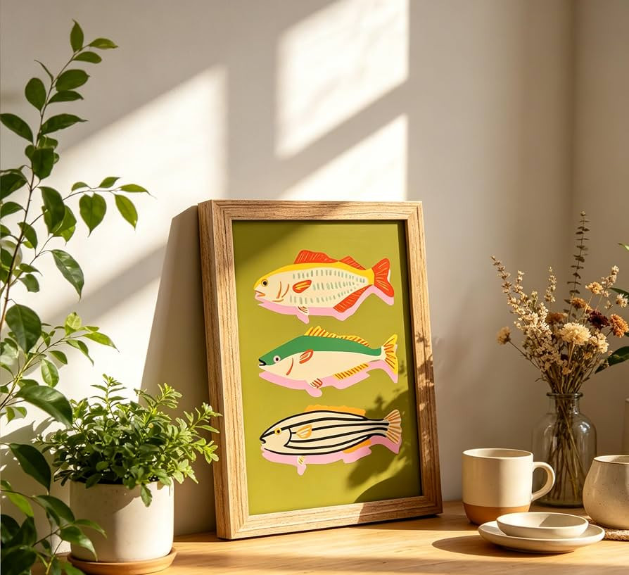 Framed Colorful Fish Wall Art, Modern Abstract Marine Life Painting Canvas Print, Vibrant Coastal... | Amazon (US)