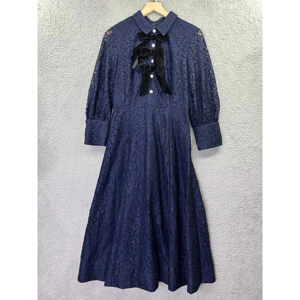 HALOGEN X ATLANTIC-PACIFIC Womens Bow Detail Lace Midi Dress 10 Navy Blue   | eBay | eBay US