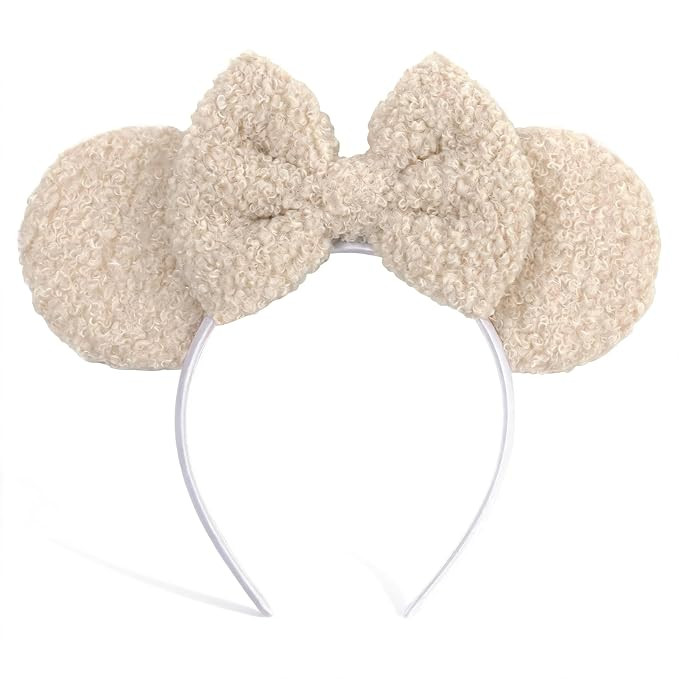bianbaistar Fuzzy Fleece Headband for Women & Adults - Off-White Mouse Ears & Bow Headband, Stret... | Amazon (US)
