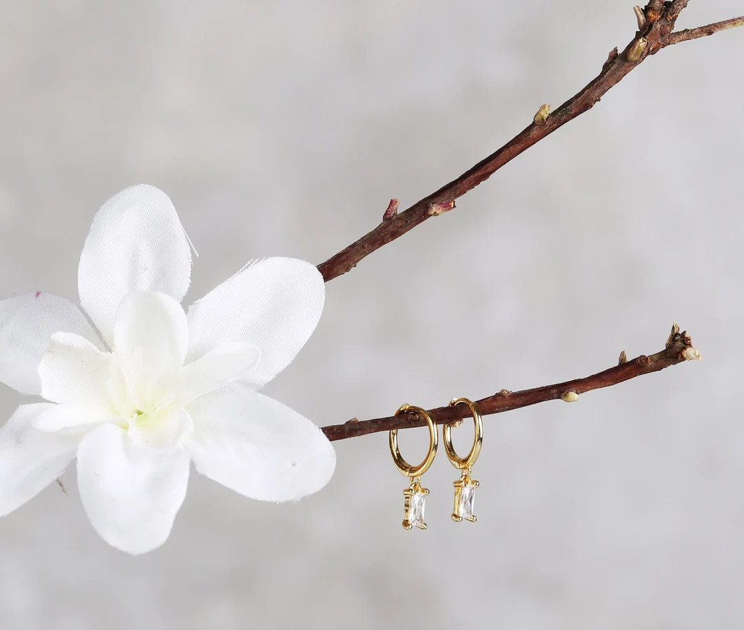 Baguette Dangle Huggie Hoop Earrings, Sterling Silver CZ Turquoise Emerald Black Baguette Drop Ho... | Etsy (US)