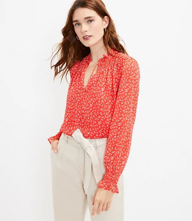 Smocked Ruffle Tie Neck Blouse | LOFT