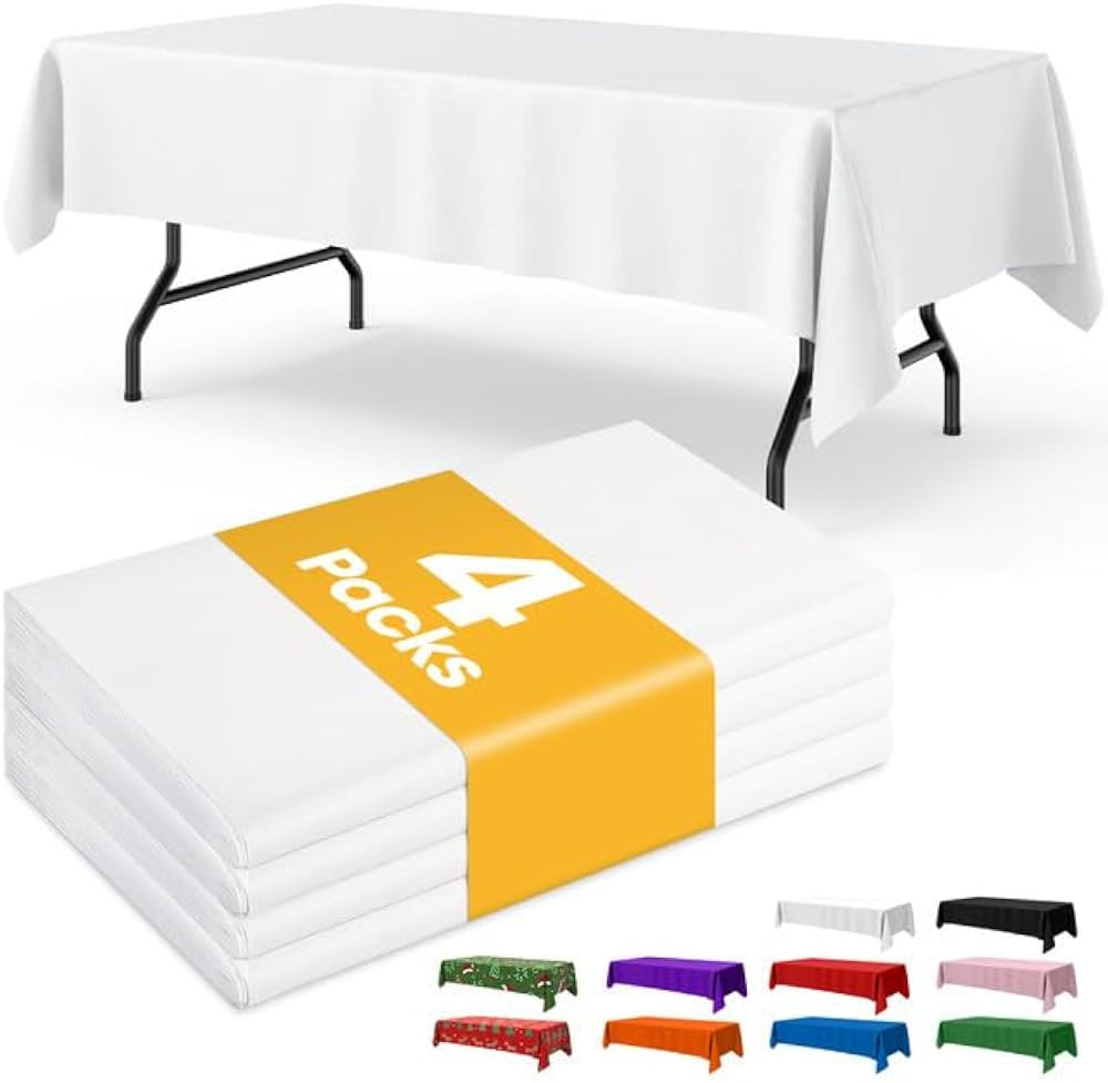 White Plastic Table Cloth Rectangle Table 4 Pack, 54''×108'' White Tablecloth for 6ft Tables, Ta... | Amazon (US)