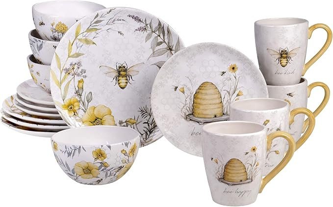 Bee Sweet 16-Piece Ceramic Dinnerware Set – Service for 4, Farmhouse Bee and Floral Design, Inc... | Amazon (US)