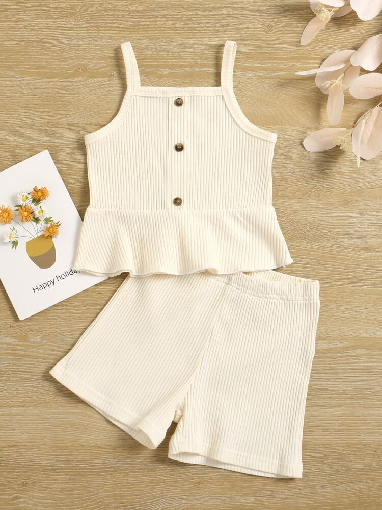 Toddler Girls Rib Knit Fake Button Ruffle Hem Cami Top & Shorts | SHEIN