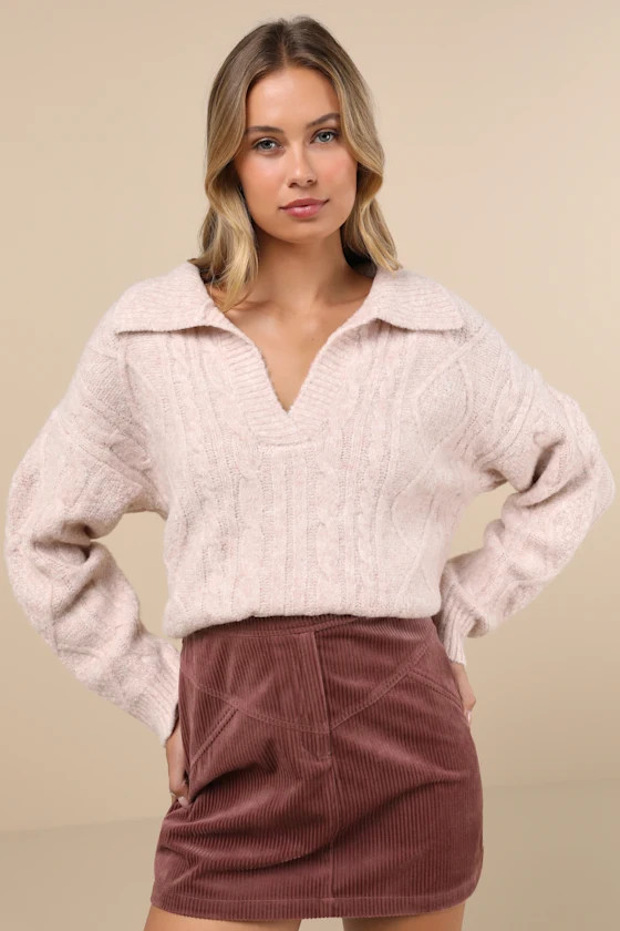 Cozy Conclusion Heather Blush Cable Knit Collared Sweater | Lulus