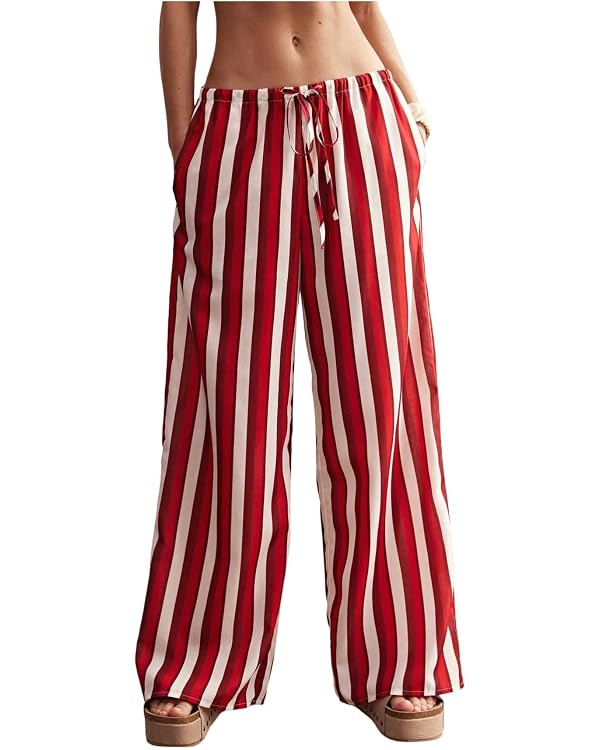 OYOANGLE Women's Striped Pants Y2K Drawstring Low Rise Straight Leg Trousers with Pockets | Amazon (US)