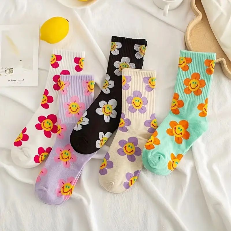 Cute Crew Socks Set Women's Plus Size Floral Pattern Ribbed - Temu | Temu Affiliate Program