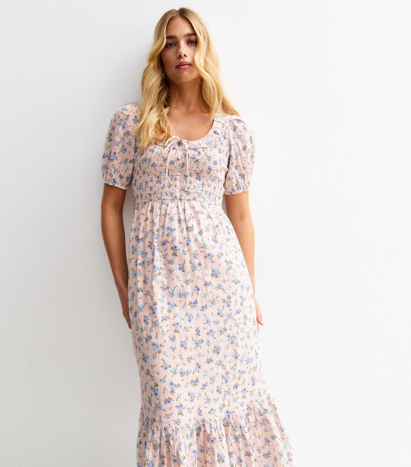 Pink Floral Print Tie Neck Milkmaid Midi Dress | New Look | New Look (UK)
