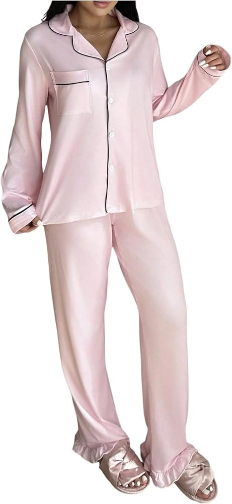 Verdusa Women's 2 Piece Satin Pajama Set Button Up Collared Shirts with Ruffle Pants Comfy Sets | Amazon (US)