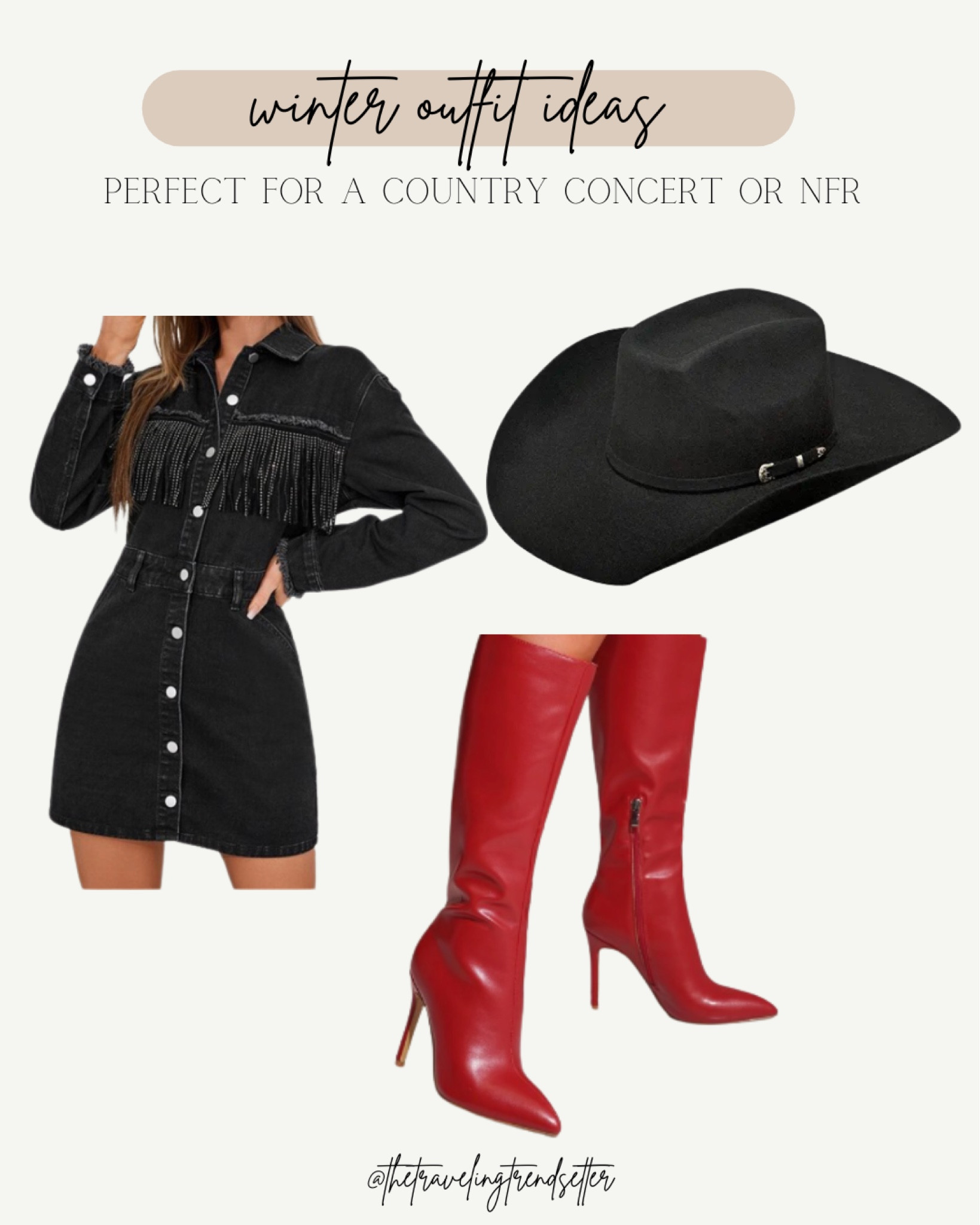 Western fashion - concert outfit - fringe black denim dress from shein paired with red leather high heel pointy boots with a black felt cowboy hat - holiday outfit idea - the boots are perfect for the holidays and Christmas  #christmas #outfitideas #hollidsyoutfit #drees 

#LTKstyletip #LTKtravel #LTKunder50