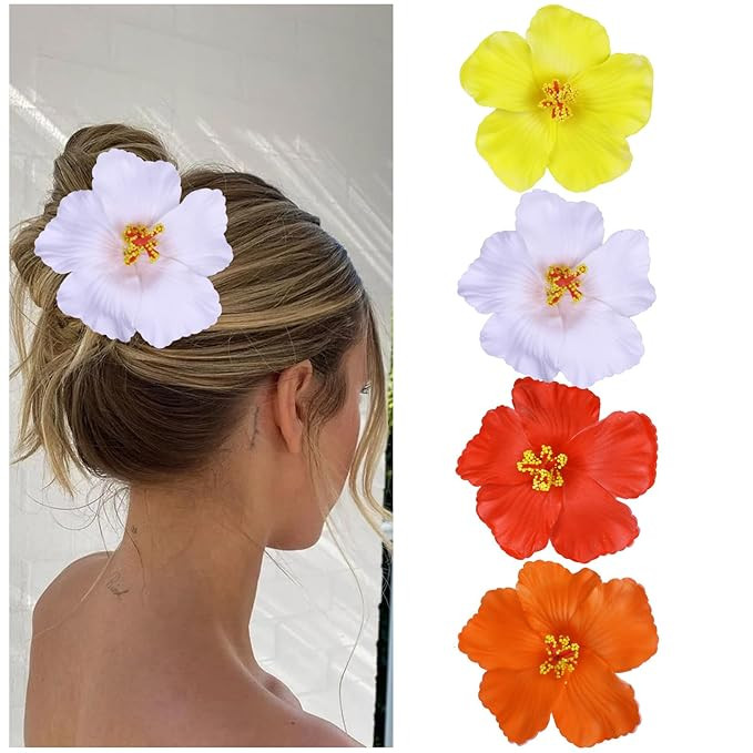 Hawaiian Flower Hair Clips for Women,4Pcs 3.5 Inch Artificial Flower Clips,Plumeria Hibiscus Hair... | Amazon (US)