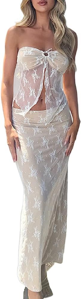 Women 2 Piece Long Skirt Sets Strapless Crop Tube Top Bodycon Midi Maxi Skirts Y2k Two Piece Outf... | Amazon (US)
