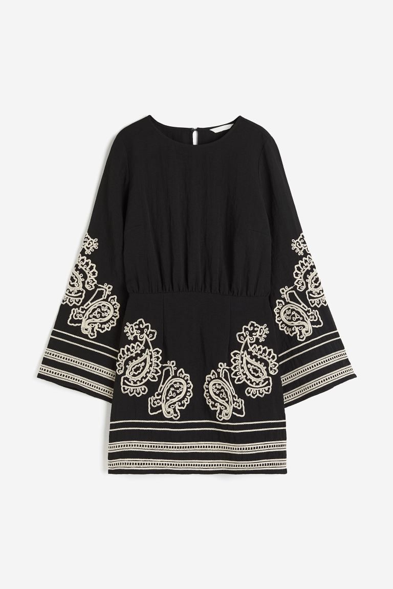 Embroidered Dress - Black/Embroidered - Ladies | H&M US | H&M (US + CA)