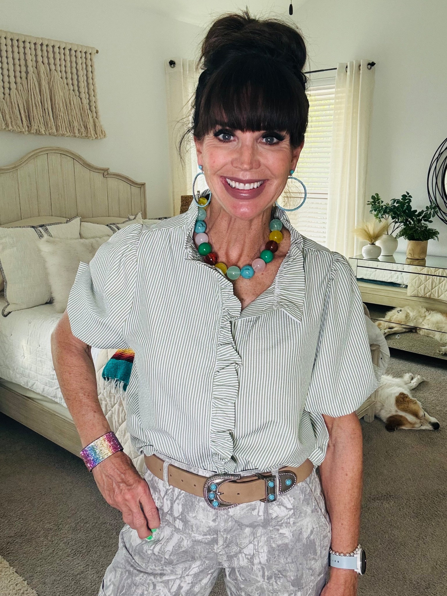 Sweet ruffles, pinstripes, oversized beads, and camo! 

#LTKOver40 #LTKootd #LTKActive