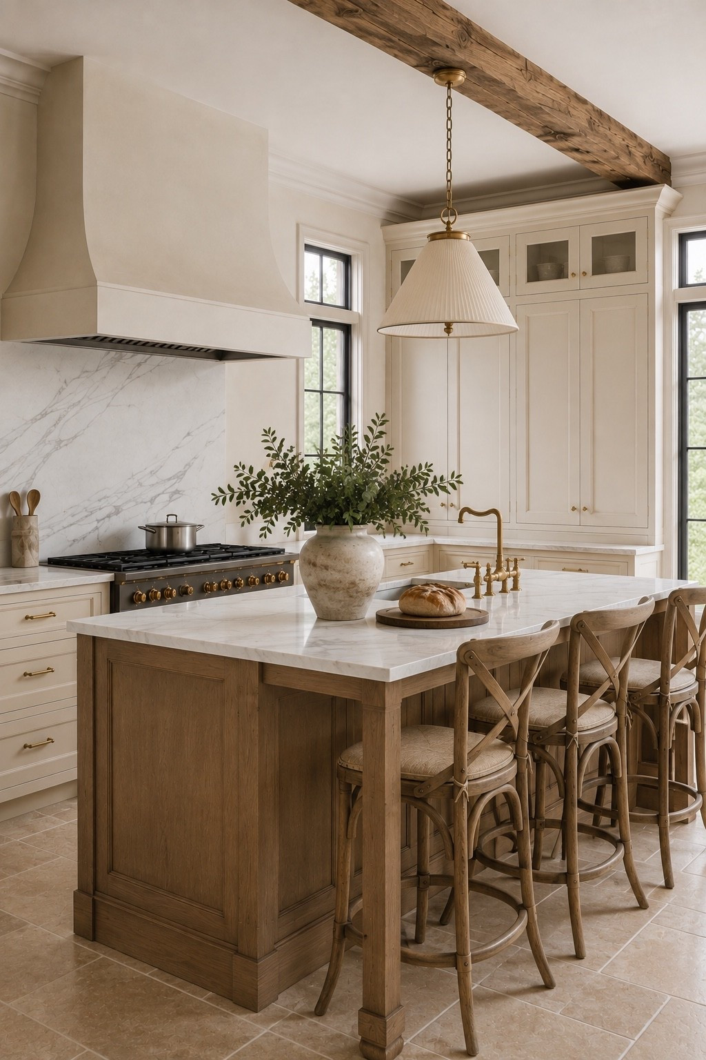 French Modern Farmhouse Kitchen 🤍

Where classic farmhouse character meets the quiet elegance of French country design.

Warm oak, creamy cabinetry, honed marble, aged brass, and natural stone create a palette that feels timeless rather than trendy.

The details do the heavy lifting: a sculptural plaster hood, full-height marble backsplash, furniture-style cabinetry, reclaimed wood beams, pleated lighting, and vintage-inspired accents.

Nothing feels overly polished. Nothing feels overly rustic.

Just warm, layered, collected, and beautifully lived-in.

The design formula:
Creamy neutrals + natural wood + marble + aged brass + vintage texture + architectural contrast.

A kitchen designed to feel as though it has evolved over time—even when it’s brand new.

#FrenchFarmhouse #ModernFarmhouse #FrenchCountryKitchen #FarmhouseKitchen #KitchenDesign #KitchenInspiration #KitchenDetails #TimelessDesign #ClassicKitchen #InteriorDesign #KitchenStyling #HomeDesign #KitchenInspo

#LTKfall #LTKhome #LTKfamily
