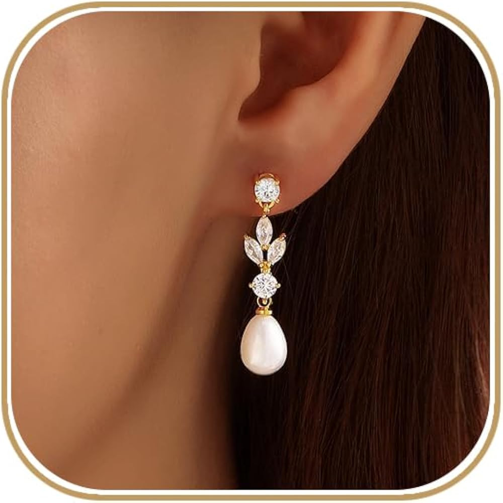 Pearl Earrings for Women, 14k Gold Plated Trendy Diamond Pearl Drop Earrings Bridal Shower Gifts ... | Amazon (US)