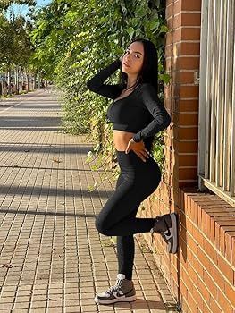 OQQ Workout Outfits for Women 2 Piece Ribbed Yoga Long Sleeve Crop Tops High Waist Leggings Exerc... | Amazon (US)
