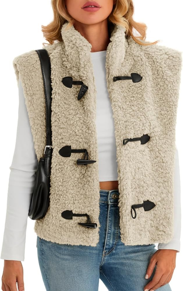 Tanakneo Womens Fuzzy Fleece Vest Cropped Sleeveless Sherpa Jacket Stand Collar Toggle Warm Outer... | Amazon (US)