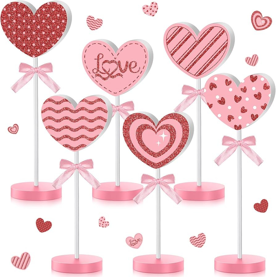 Briwooody 6 Pcs Valentine's Day Decorations Heart Wooden Sign Set Heart Shape Tall Standing Table... | Amazon (US)