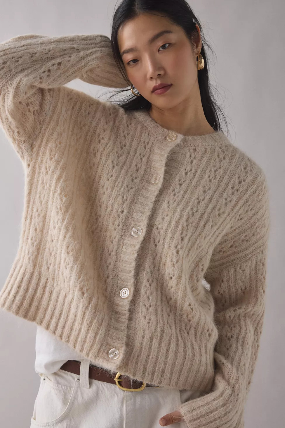 Kimchi Blue Becca Brushed Pointelle Knit Oversized Cardigan | Urban Outfitters (US and RoW)
