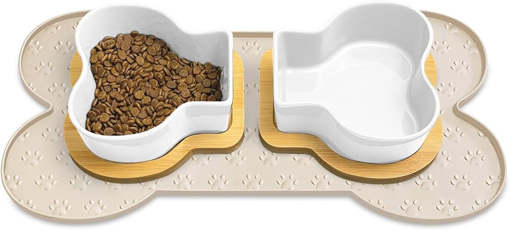 Dog Food Mat & Dog Food Bowl Set - Cute Bone Shape | Amazon (US)