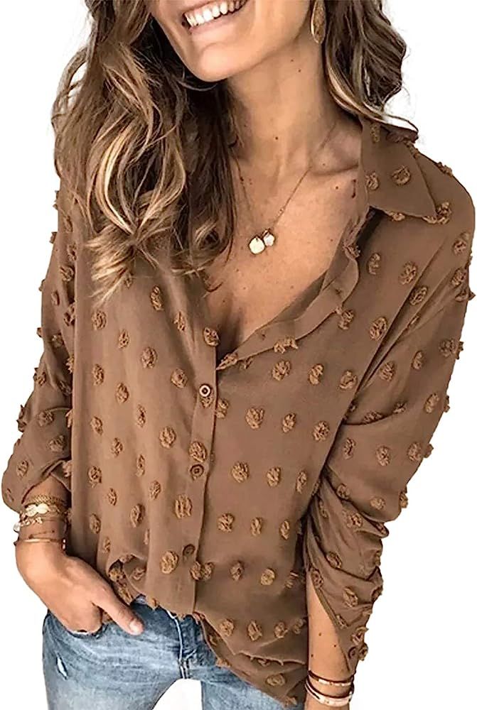 Astylish Womens Pompom Button Down Shirt Casual Long Sleeve Blouse Tops | Amazon (US)