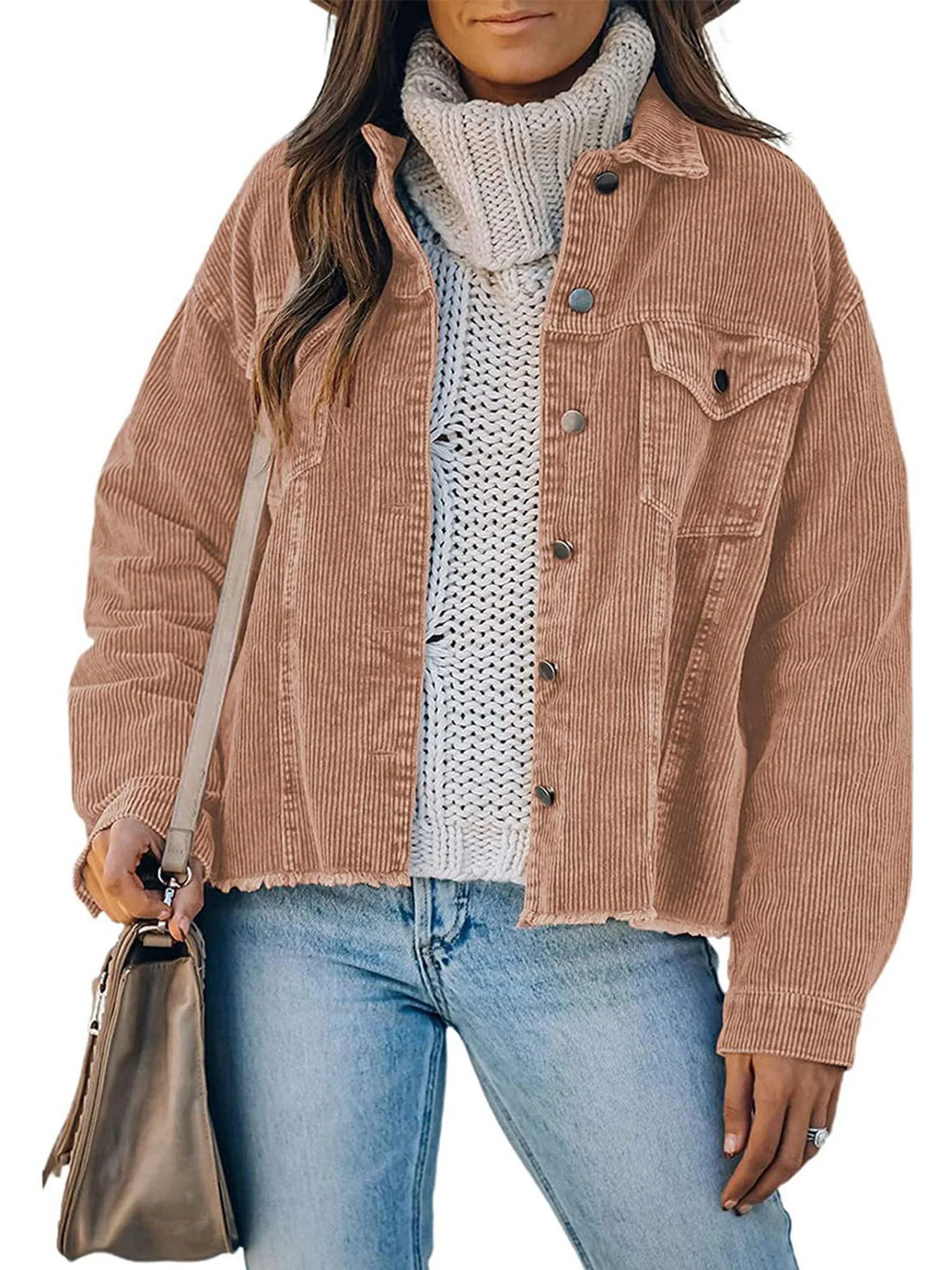 Seyurigaoka Women's Juniors Shacket Long Sleeve Button Down Corduroy Jacket with Chest Pockets | Walmart (US)