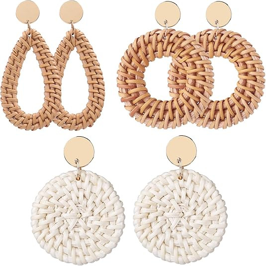 4 Pairs Rattan Earrings for Women Beach Earrings for Women Large Earrings Straw Earrings for Wome... | Amazon (US)