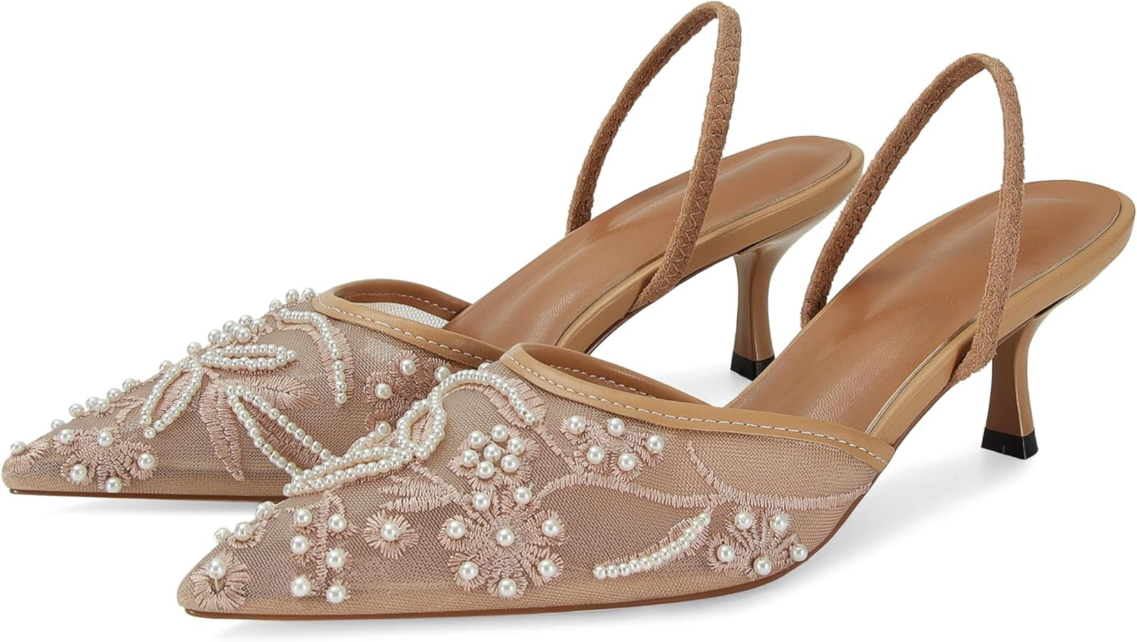 Embroidered Kitten Heels for Women Pointed Toe Mesh Floral Slingback Heeled Sandals With Pearl Sl... | Amazon (US)