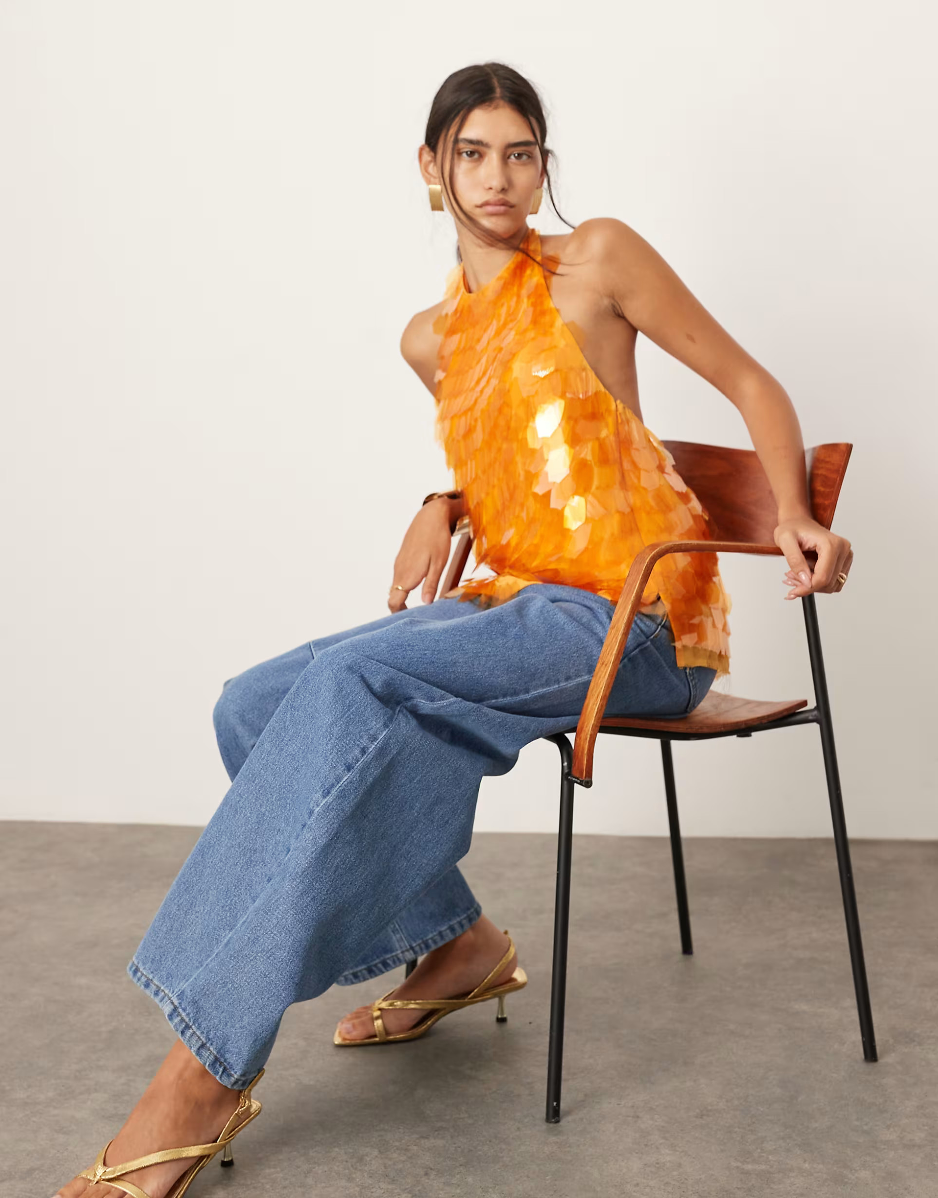 ASOS EDITION embellished shard sequin longline halter neck top in orange | ASOS | ASOS (Global)