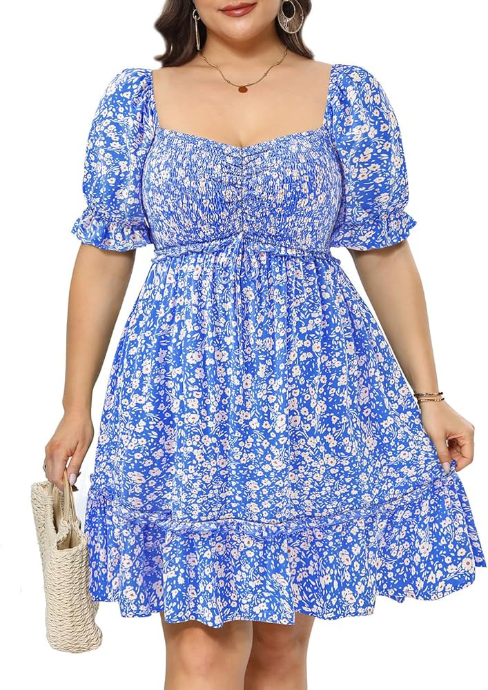 Pinup Fashion Women Plus Size Casual Puff Sleeve Sweetheart Neckline Smocked Short Summer Babydol... | Amazon (US)