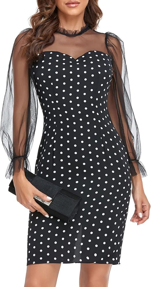 Vshemoi Women's Mock Neck Bodycon Party Dress Mesh Sleeve Polka Dot Short Dress Elegant Slim Fit Pen | Amazon (US)