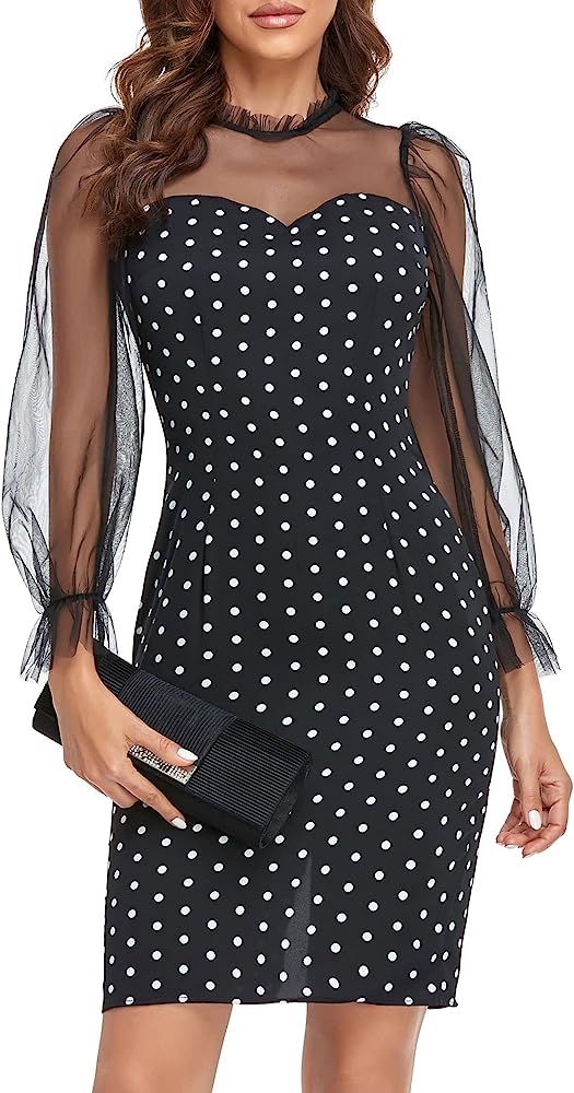 Vshemoi Women's Mock Neck Bodycon Party Dress Mesh Sleeve Polka Dot Short Dress Elegant Slim Fit Pen | Amazon (US)