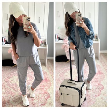 Comfortable look for travel - I sized up one size to M in the jacket. Everything else is true to size. Wearing a small in the top and joggers.

#LTKTravel #LTKStyleTip #LTKOver40