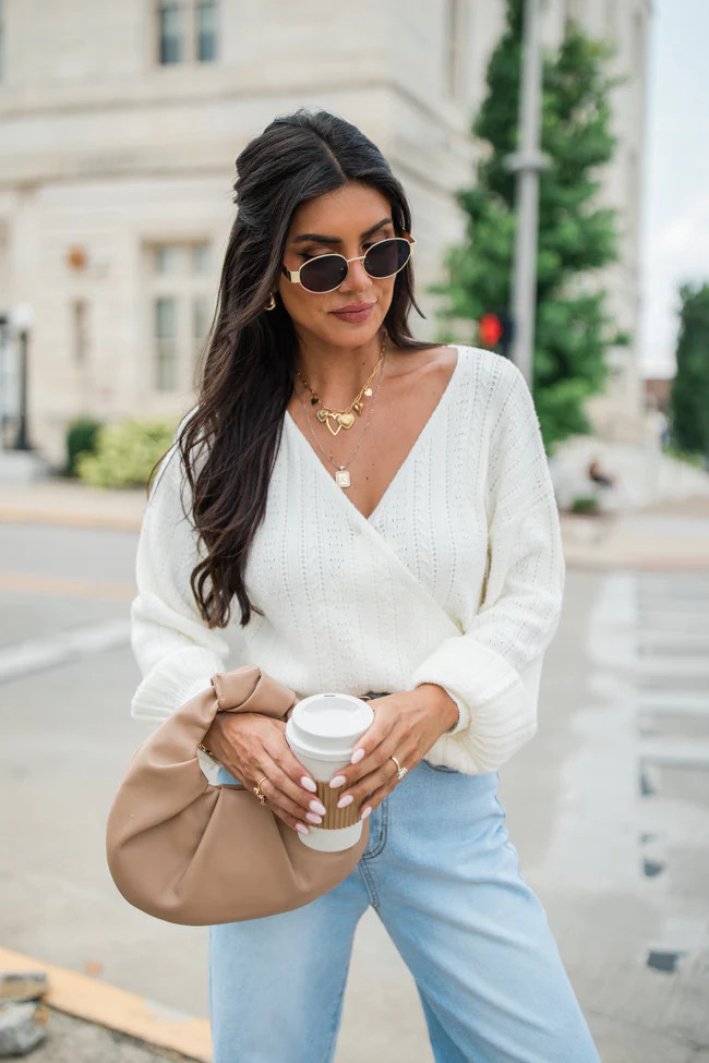 With Love Ivory Wrap Pointelle Sweater | Pink Lily