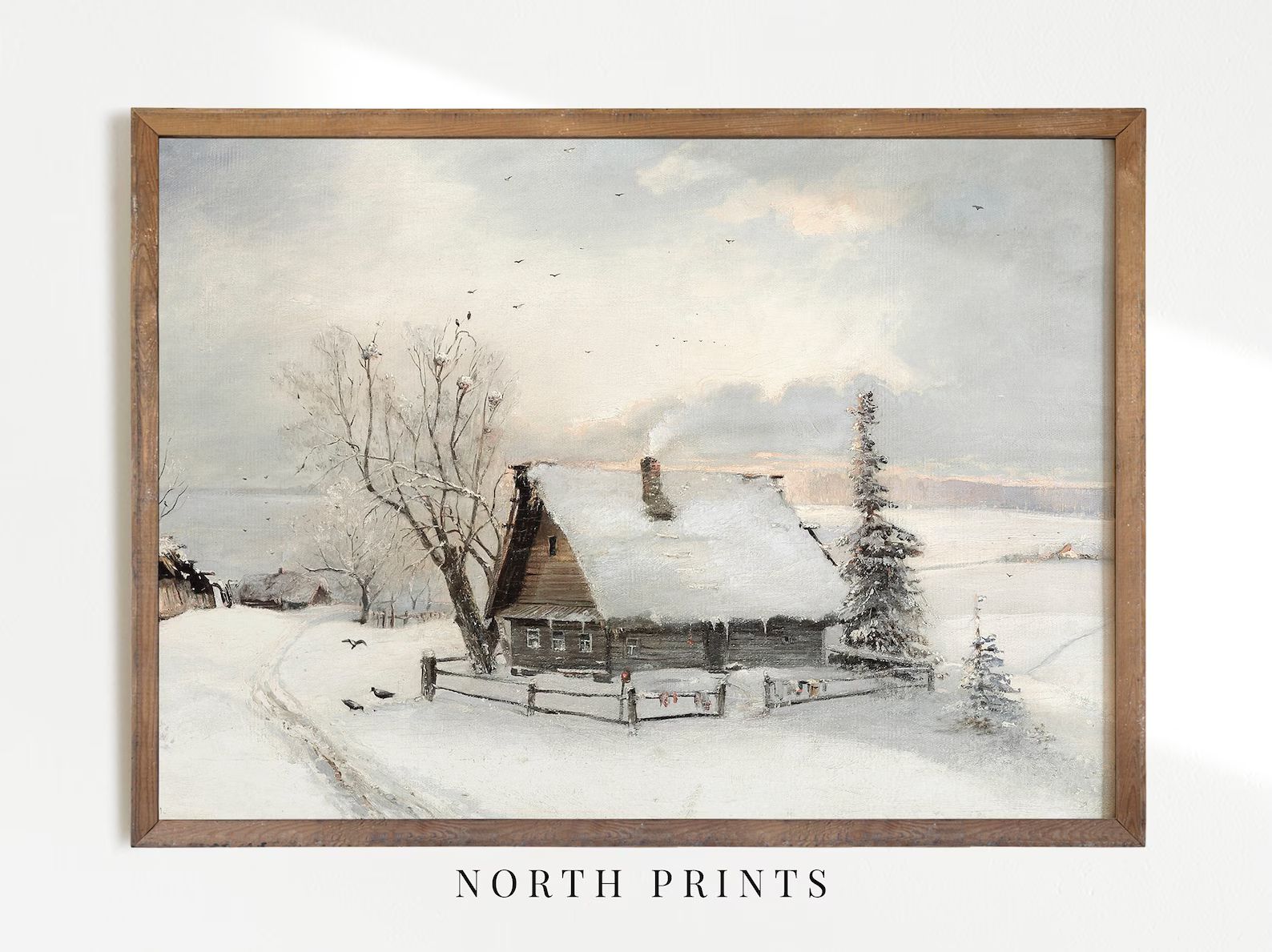 Rustic Winter Oil Painting Vintage Cottage Print Neutral - Etsy | Etsy (US)