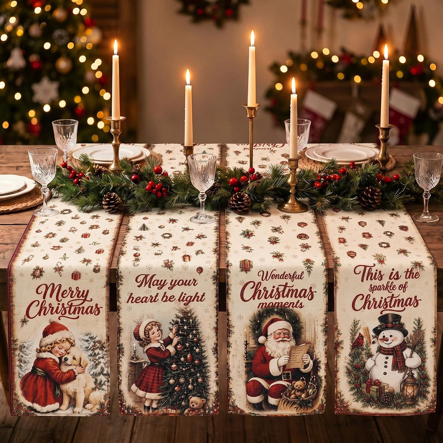 Gilprop 4 Pcs Vintage Christmas Fabric Table Runner Table Cloth, 13x72 in | Amazon (US)