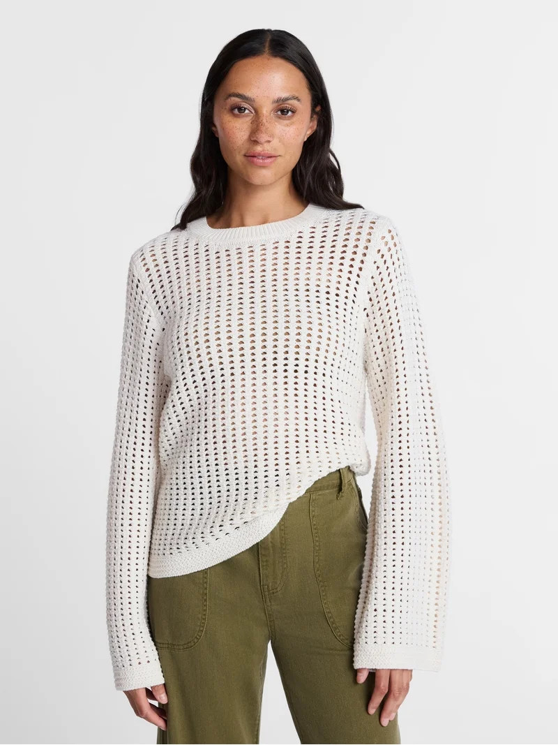 Time and Tru Women’s Textured Cotton Sweater with Long Sleeves, Lightweight, Sizes XS-XXXL | Walmart (US)