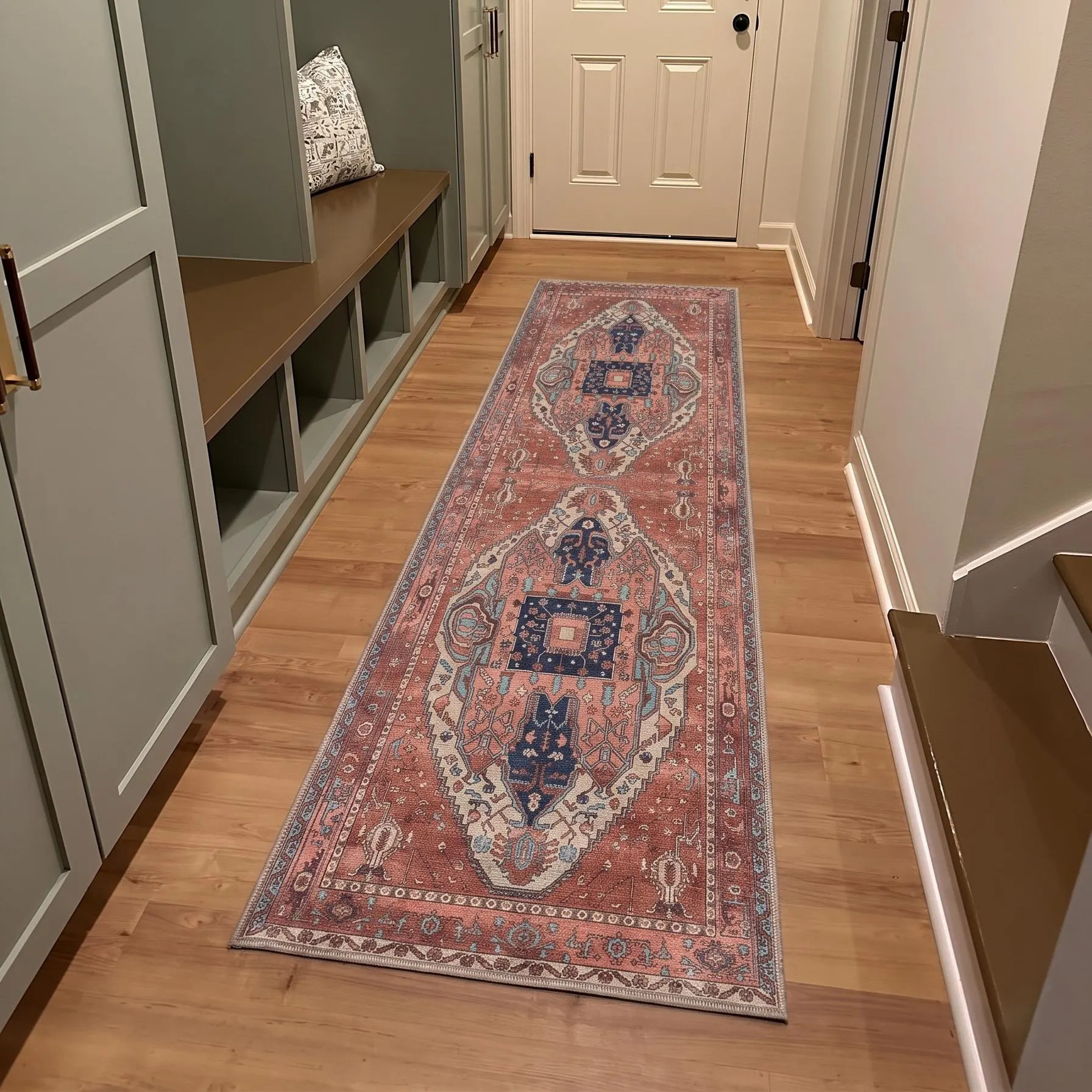 Brick Oushak Runner Rug – Vintage Turkish Floral Hallway Runner, Washable, Non-Slip Backing | Etsy (Global)