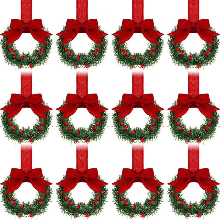 12PCS Christmas Kitchen Cabinet Wreath Hanging Mini Wreath With Ribbon Bows And Berries For Wall ... | SHEIN