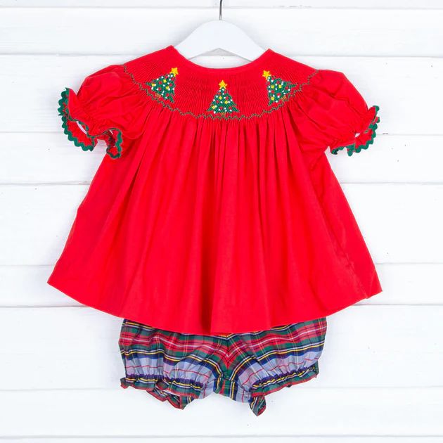 Smocked Trees Red Plaid Bloomer Set | Classic Whimsy