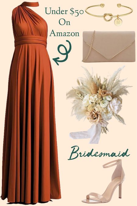 Bridesmaid infinity full length burnt orange dress on Amazon. Style it your own unique way and under $50. Other colors too! Pair with neutral accessories for the perfect fall wedding look!

#weddingguestdress #burntorangemaxidress #neutralsandals #latesummerwedding #fauxflowersbouquet

#LTKwedding #LTKstyletip #LTKSeasonal
