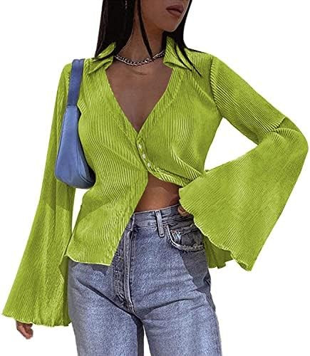 Zeagoo Women's Deep V Neck Shirt Button Front Blouse Bell Long Sleeve Tops | Amazon (US)