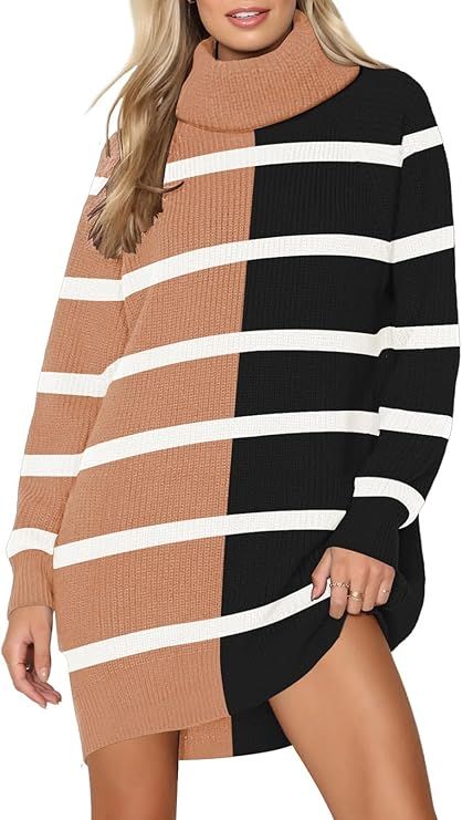 Pink Queen Women's 2023 Oversized Sweater Dresses with Pockets Turtleneck Long Sleeve Ribbed Pull... | Amazon (US)