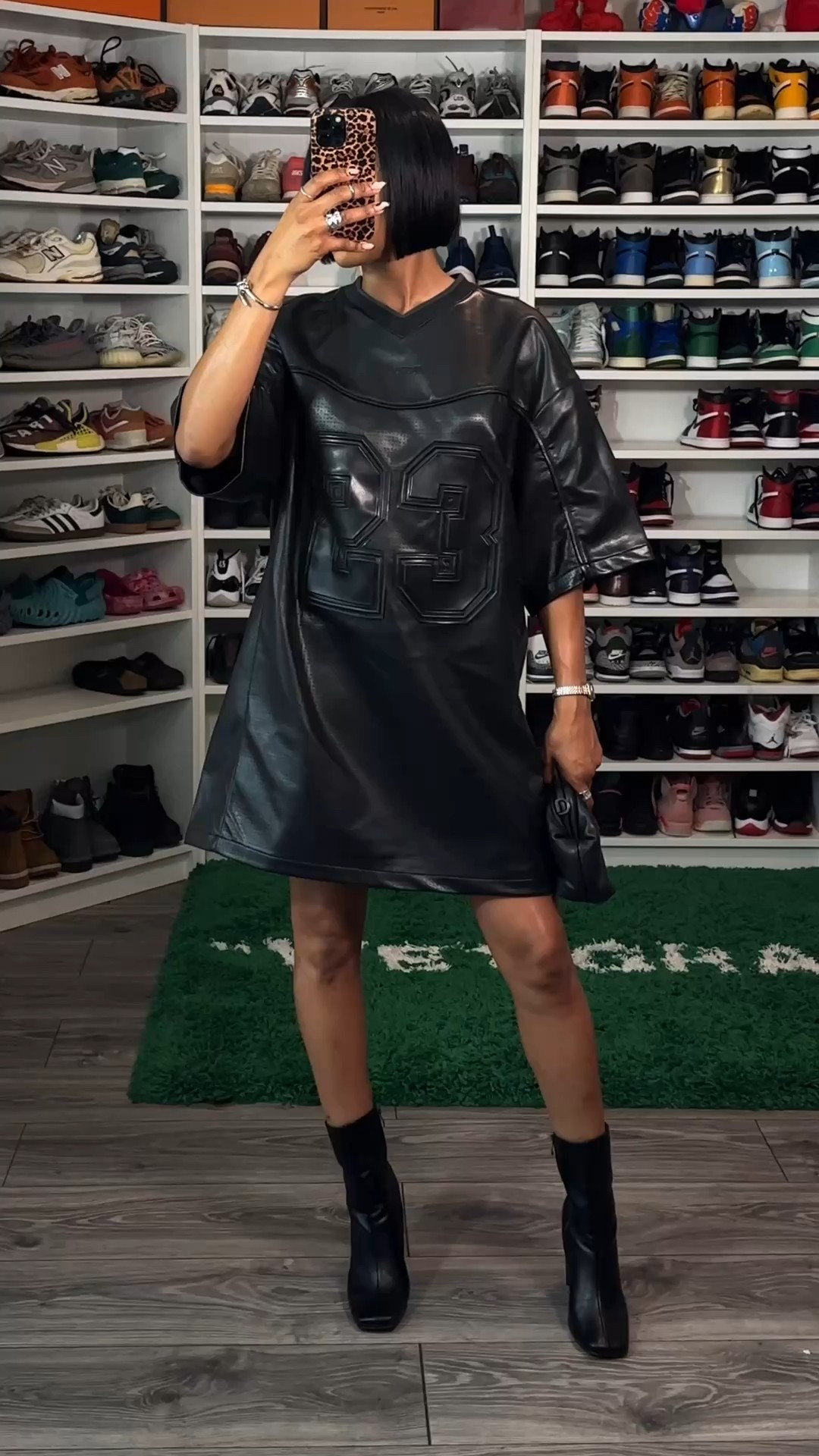 Air Jordan faux leather mini dress – chic, structured, and perfect for fall nights. 🖤Wearing size Medium • Shop exact + similar styles below #Fittingroom23 

#LTKautumn