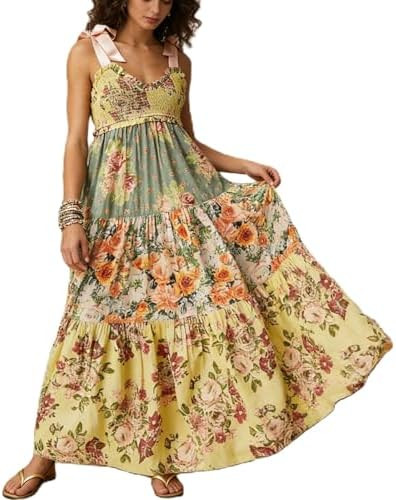 Women Summer Dresses Flowy Smocked Maxi Dress Sleeveless Tie Shoulder Boho Dresses Y2K Floral Bea... | Amazon (US)