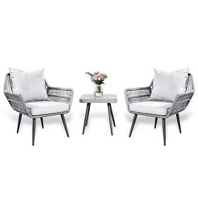 Grearden 3-Piece Wicker Patio Conversation Set with Gray Cushions | Lowe's