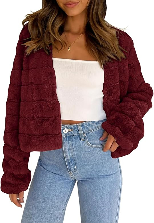 Fisoew Womens Cropped Faux Fur Jackets Long Sleeve Open Front Fluffy Short Coats | Amazon (US)