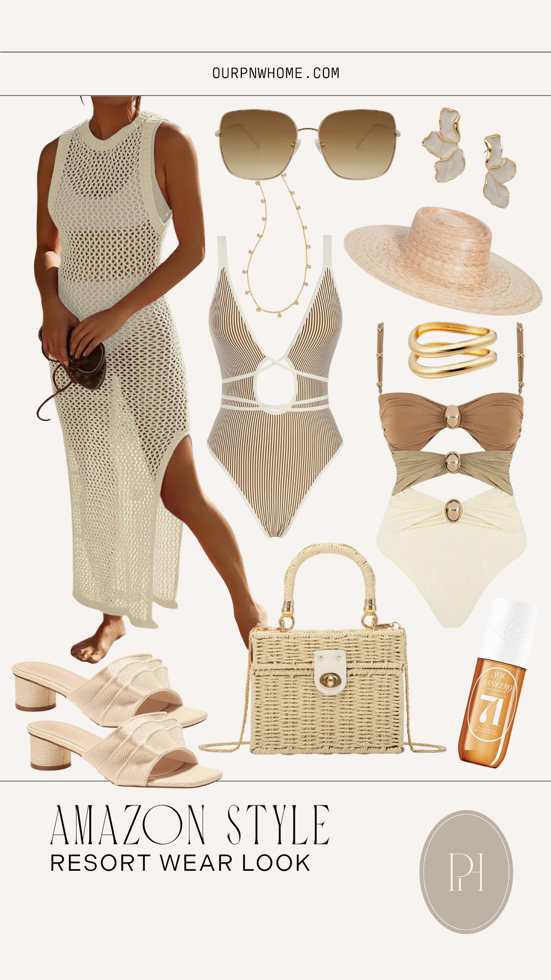 Loving these Amazon finds for resort wear! Perfect for Spring Break!

neutral swimwear, one piece swimsuit, cutout swimsuit, bathing suit, crochet coverup, swim cover up , beach coverup, sunglasses, petal earrings, necklace, gold bangle bracelets, woven handbag, raffia handbag, purse, body spray, neutral sandals, block heel sandals, neutral beach look, spring break outfit, resort look, vacation looks, vacation outfit, summer fashion, summer looks, summer style, summer outfit, beach day 

 #LTKootd #LTKSeasonal #LTKTravel